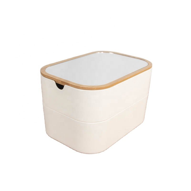 Bamboo fiber 2 tier clear office living room make up drawer organizer storage box with mirror lid