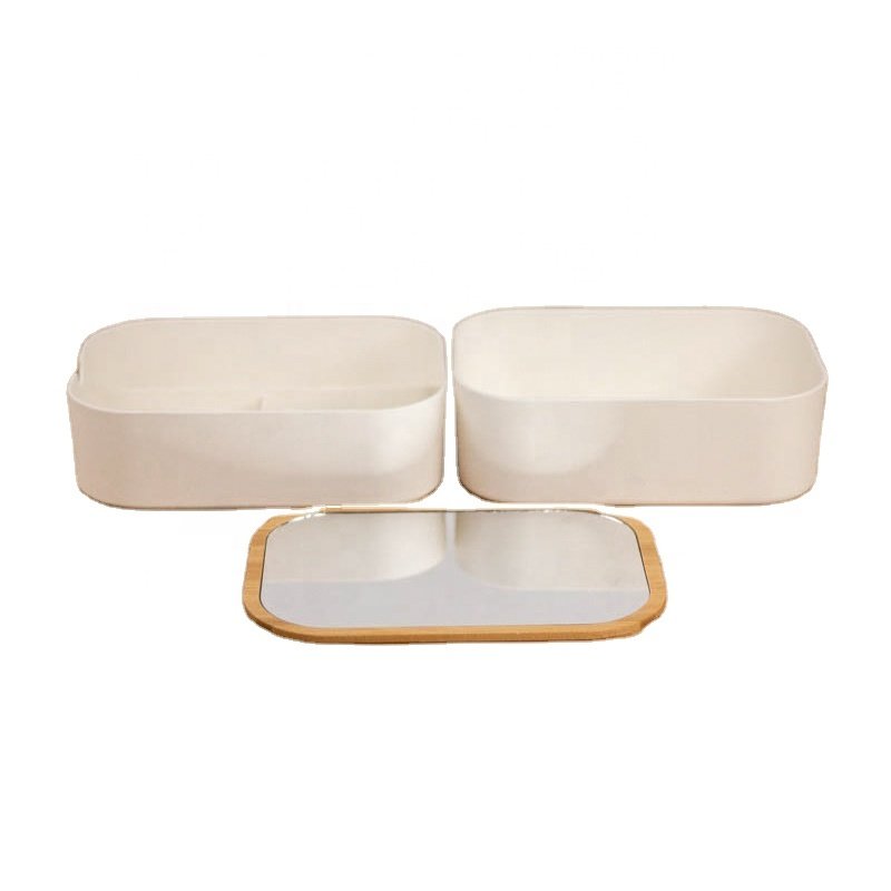 Bamboo fiber 2 tier clear office living room make up drawer organizer storage box with mirror lid