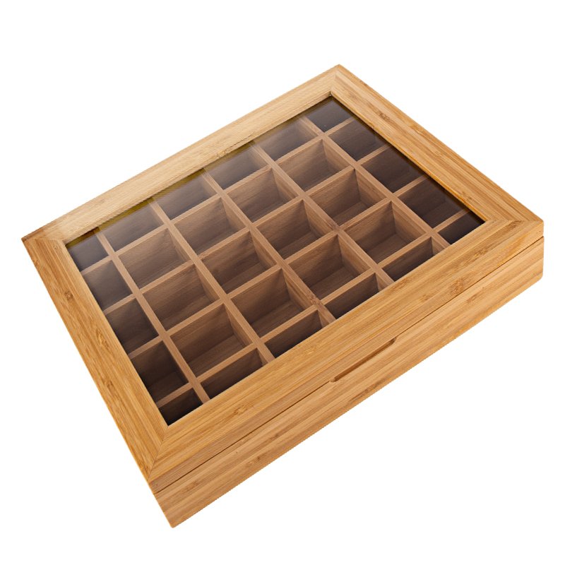 Bamboo Storage Organizer Box with Acrylic Window Lid Tea Bags Sampler Assortment 30 Compartments Jewelry Storage Box