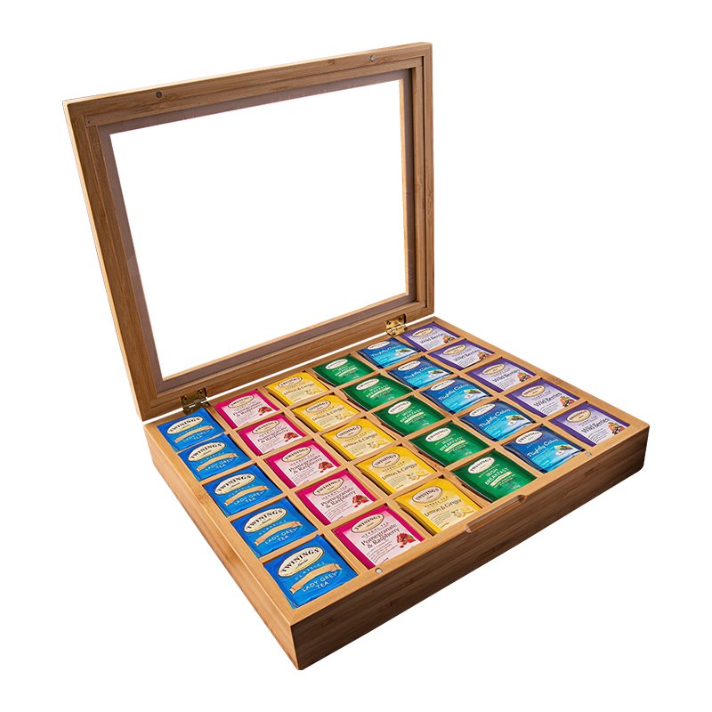 Bamboo Storage Organizer Box with Acrylic Window Lid Tea Bags Sampler Assortment 30 Compartments Jewelry Storage Box