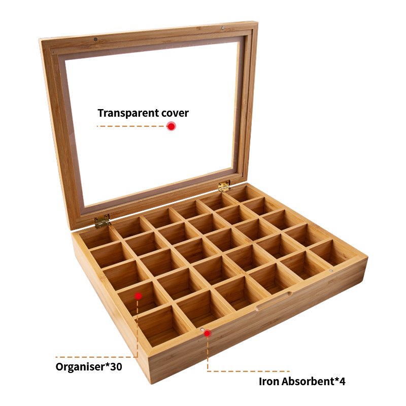 Bamboo Storage Organizer Box with Acrylic Window Lid Tea Bags Sampler Assortment 30 Compartments Jewelry Storage Box