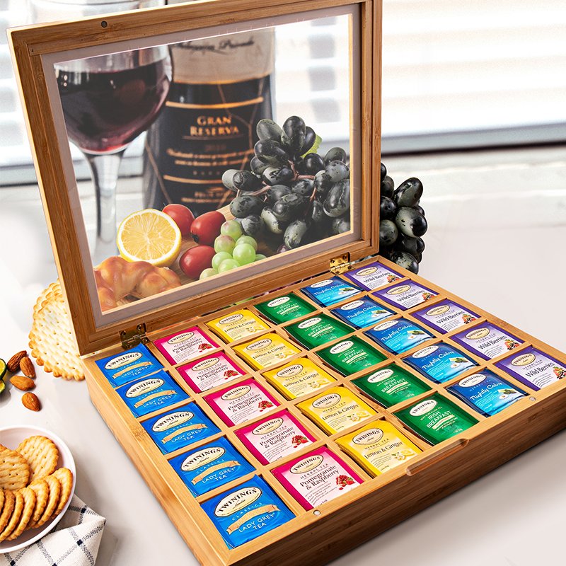 Bamboo Storage Organizer Box with Acrylic Window Lid Tea Bags Sampler Assortment 30 Compartments Jewelry Storage Box
