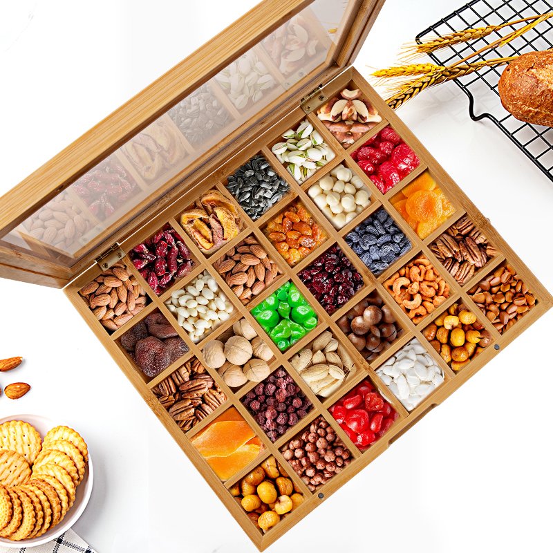 Bamboo Storage Organizer Box with Acrylic Window Lid Tea Bags Sampler Assortment 30 Compartments Jewelry Storage Box