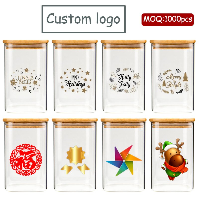 Customized Logo Box Glass High Borosilicate Food Storage Bottles & Jars Sets with Bamboo Lids Kitchen Round Airtight 500ml Cover