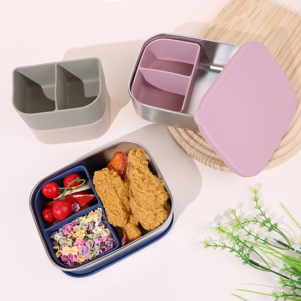 Microwave Safe Reusable Leakproof 3 Compartment Insulated Removable Divider Stainless Steel Lunch Box For Kids With Lid
