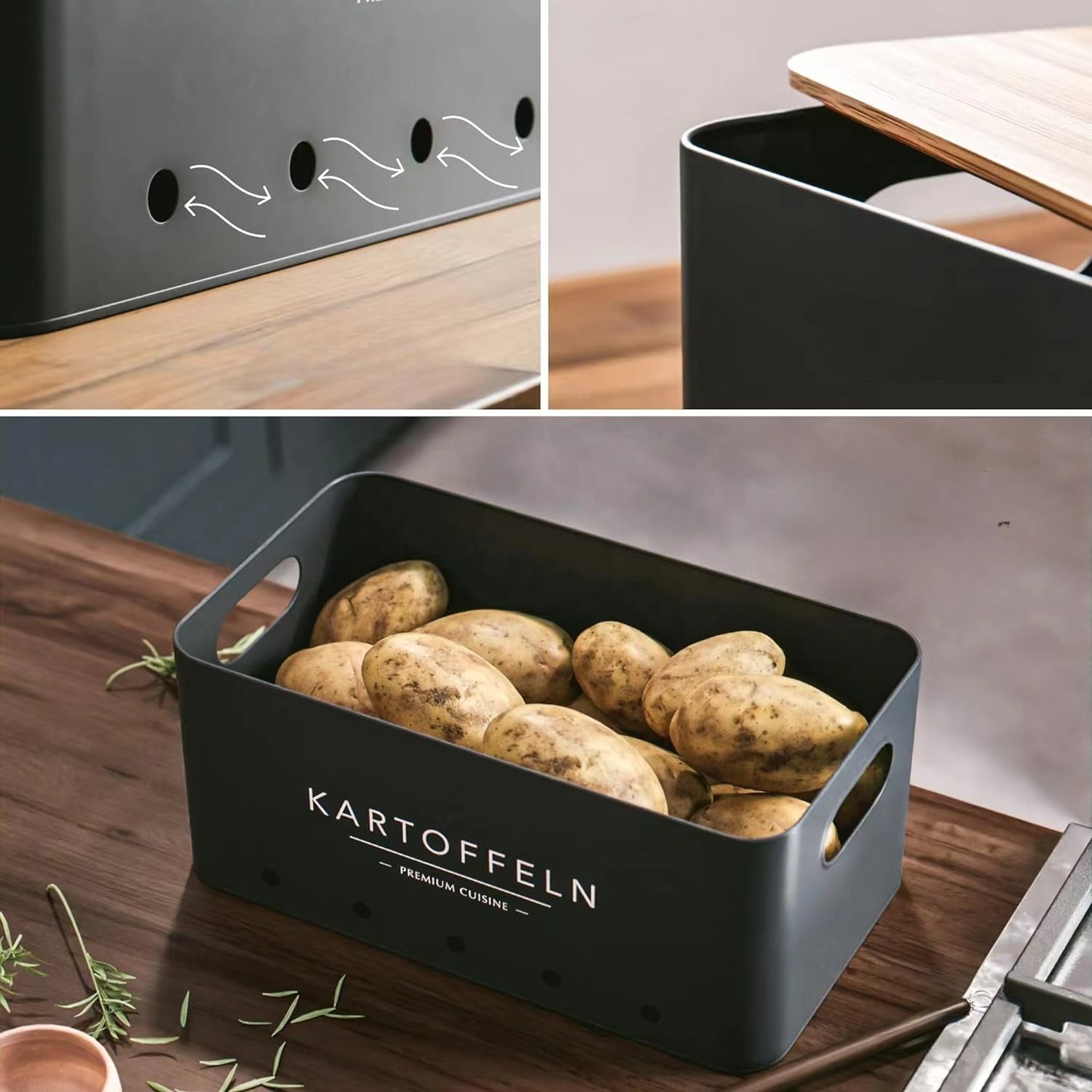 BX kitchen rectangle bamboo lid potato onion and garlic pots, potato storage box canister, onion garlic containers