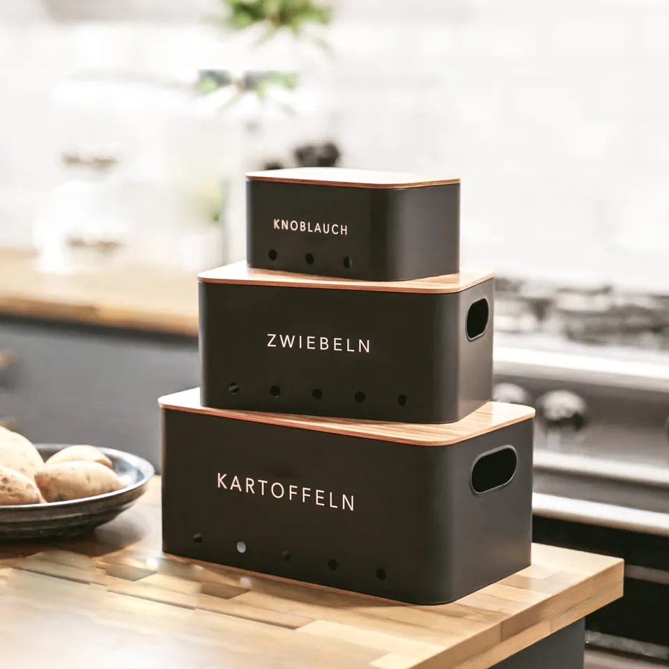 BX kitchen rectangle bamboo lid potato onion and garlic pots, potato storage box canister, onion garlic containers