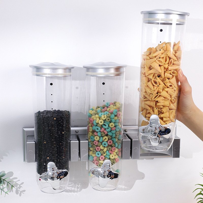 Plastic Wall Mounted Cereal Dispenser With Rotary Button Household Clear Food Storage Can Hanging Grain Storage Jar
