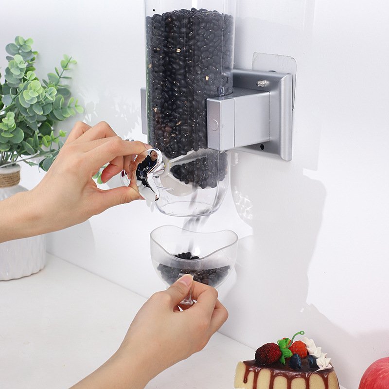 Plastic Wall Mounted Cereal Dispenser With Rotary Button Household Clear Food Storage Can Hanging Grain Storage Jar