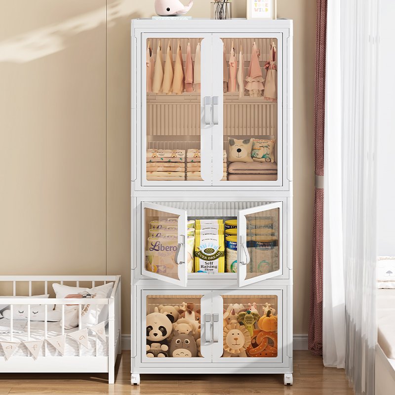 Plastic Foldable Stackable Clothes Storage Box Cabinet Organizer For Kids Toys Collapsible Bin With Lid Wheels