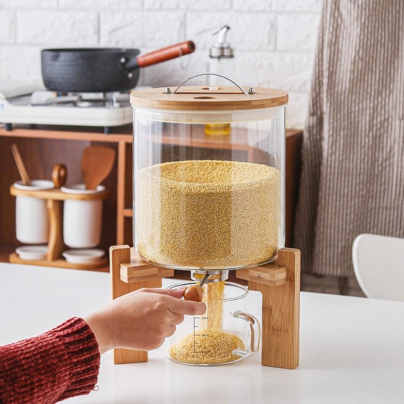 5L/7.5L Bamboo Stand & Lid Glass Food Storage Bottle & Jar Rice Cereal Storage Container Measuring Cup Kitchen Use Grain Storage