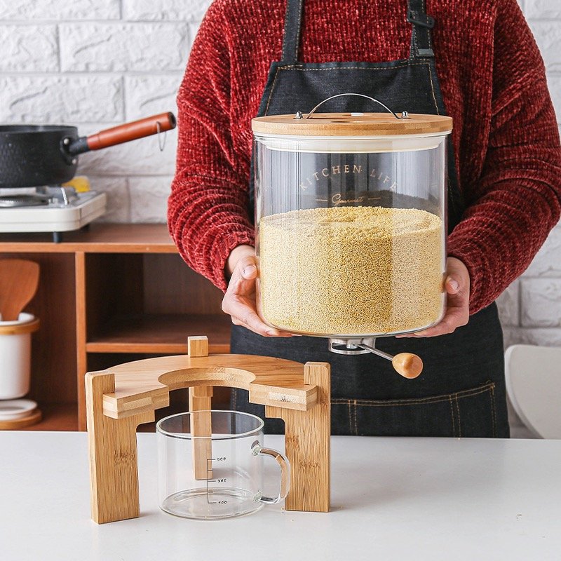 5L/7.5L Bamboo Stand & Lid Glass Food Storage Bottle & Jar Rice Cereal Storage Container Measuring Cup Kitchen Use Grain Storage