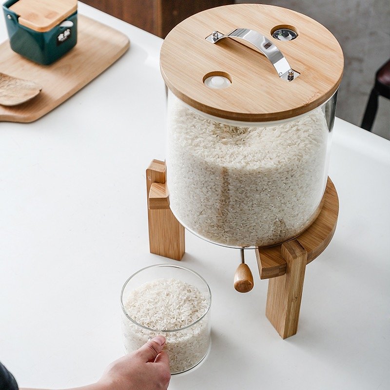 5L/7.5L Bamboo Stand & Lid Glass Food Storage Bottle & Jar Rice Cereal Storage Container Measuring Cup Kitchen Use Grain Storage
