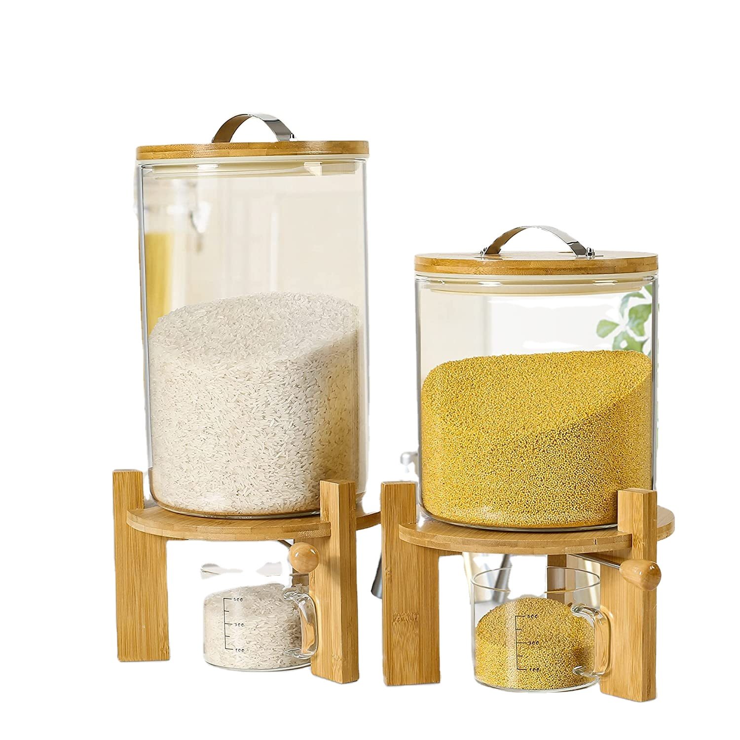 5L/7.5L Bamboo Stand & Lid Glass Food Storage Bottle & Jar Rice Cereal Storage Container Measuring Cup Kitchen Use Grain Storage