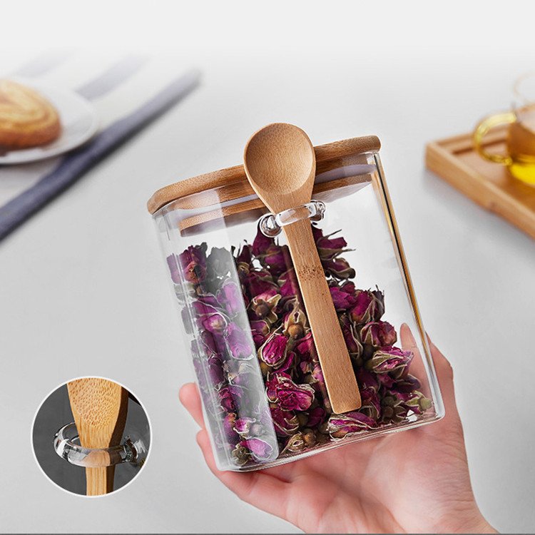 Square Glass Spice Jars Food Grade Container with Airtight Bamboo Lid and Spoons for Candy Coffee Beans Sugar Nuts Cookies