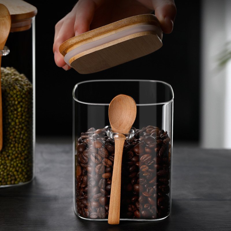 Square Glass Spice Jars Food Grade Container with Airtight Bamboo Lid and Spoons for Candy Coffee Beans Sugar Nuts Cookies
