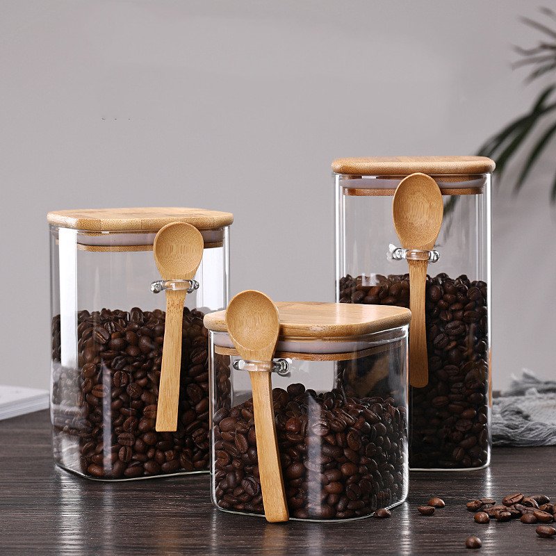 Square Glass Spice Jars Food Grade Container with Airtight Bamboo Lid and Spoons for Candy Coffee Beans Sugar Nuts Cookies