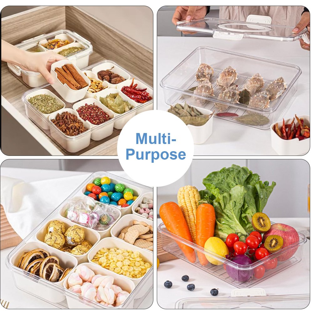Kitchen Portable Plastic Spice Storage Container Snack Storage Box Snackle Box Clear Divided Serving Tray with Lid and Handle