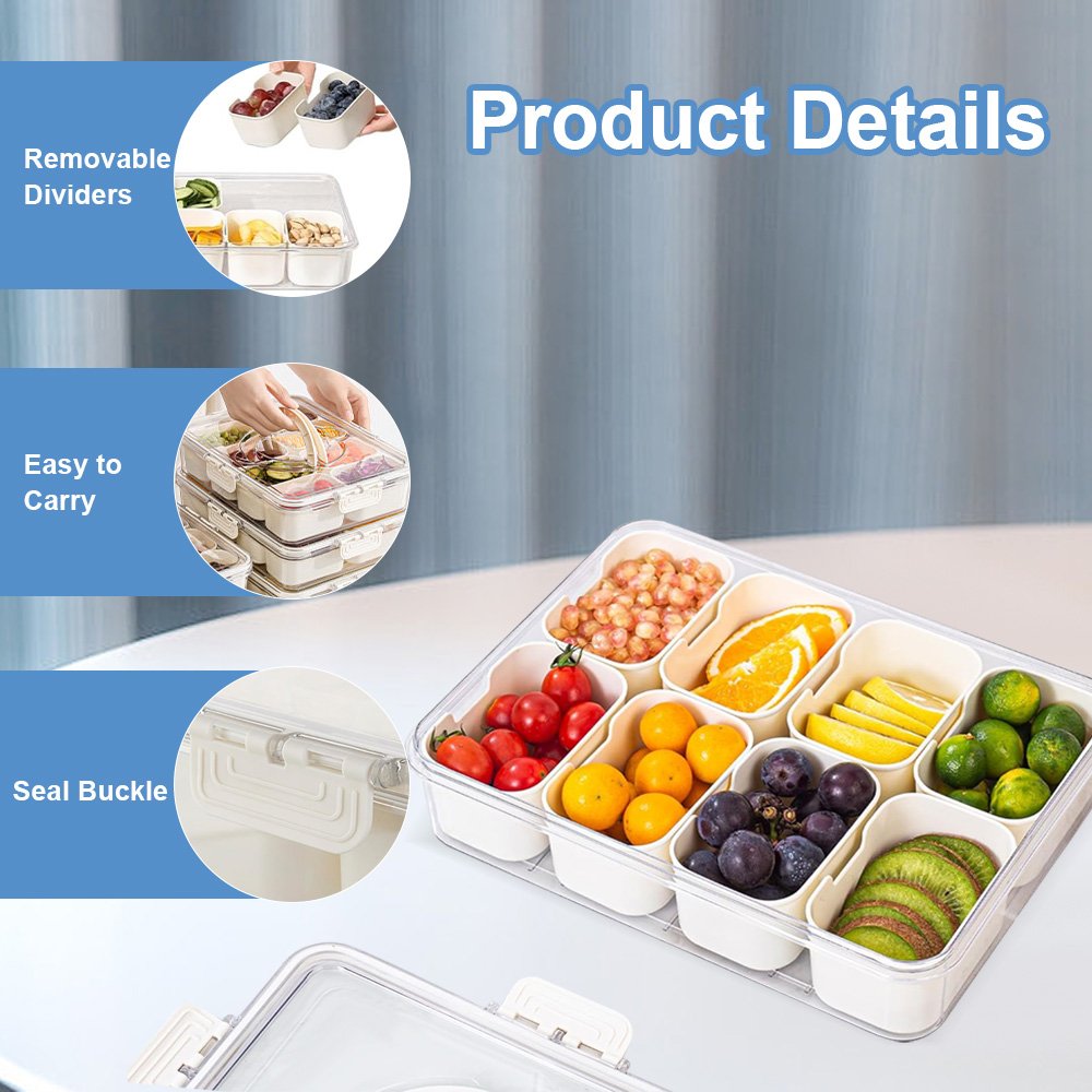 Kitchen Portable Plastic Spice Storage Container Snack Storage Box Snackle Box Clear Divided Serving Tray with Lid and Handle