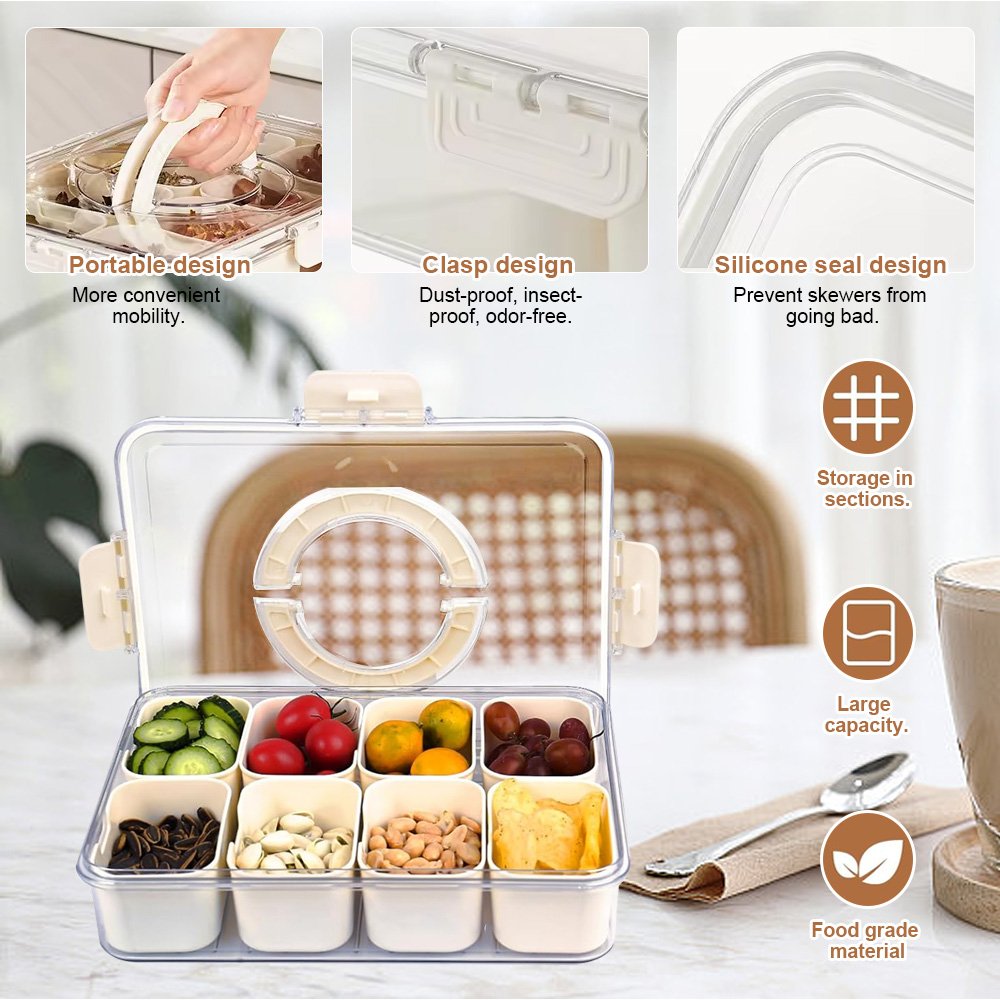Kitchen Portable Plastic Spice Storage Container Snack Storage Box Snackle Box Clear Divided Serving Tray with Lid and Handle