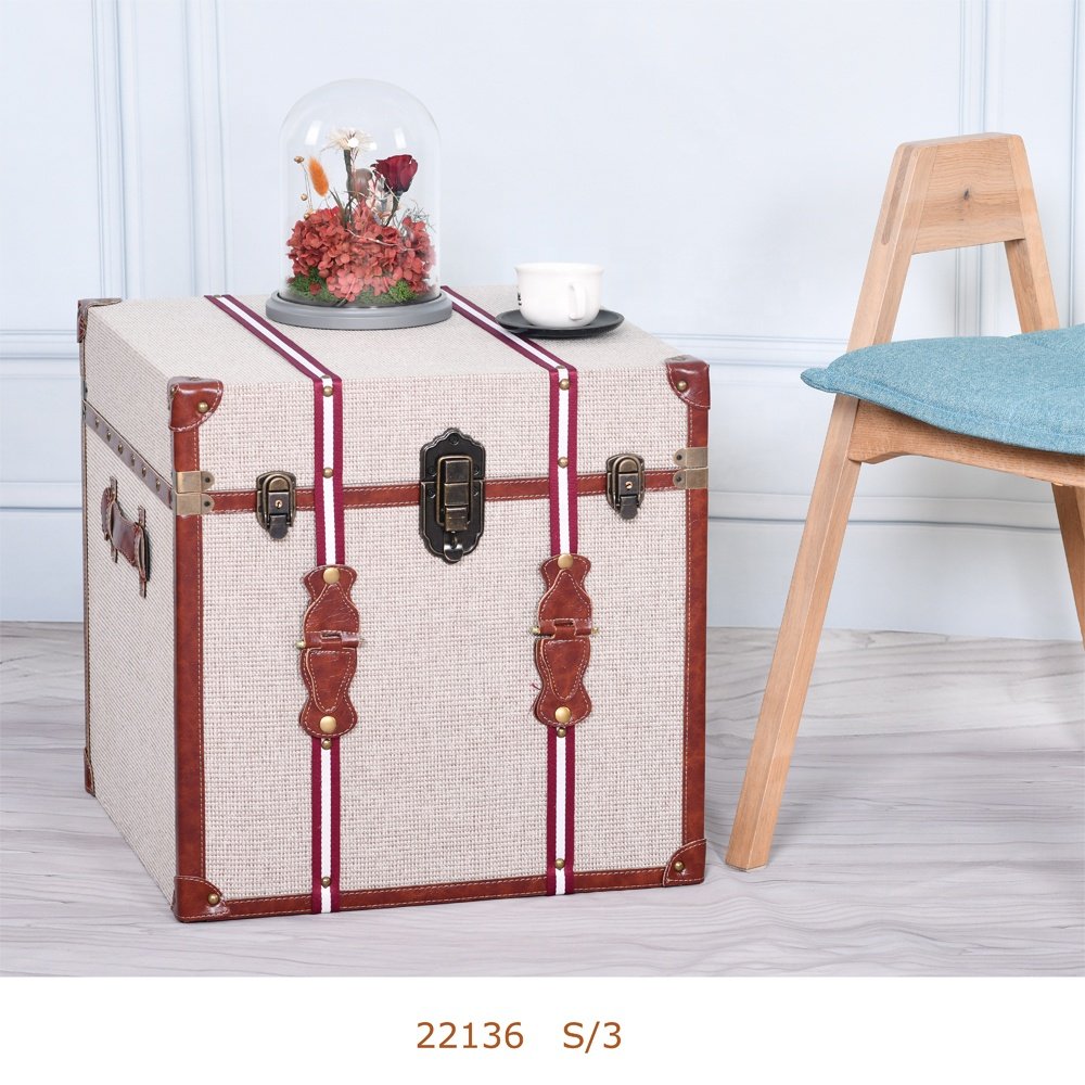 Trunk Storage Boxes Set Canvas Surface Wood Decorative Handmade Multifunction Europe Home Storage Square Wooden Trunk Wooden Bin