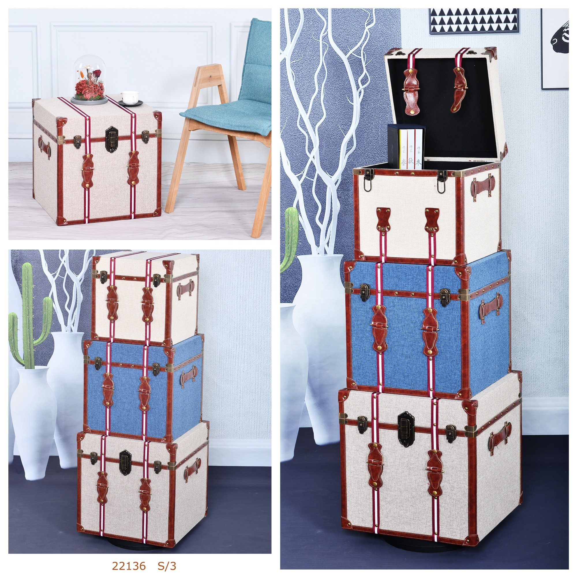 Trunk Storage Boxes Set Canvas Surface Wood Decorative Handmade Multifunction Europe Home Storage Square Wooden Trunk Wooden Bin