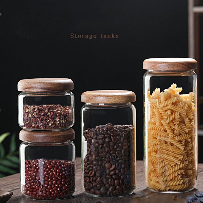 Hot selling Round 300ml 420ml 720ml 960ml Borosilicate Glass Kitchen jars/Canisters with Acacia Wood Airtight Lid