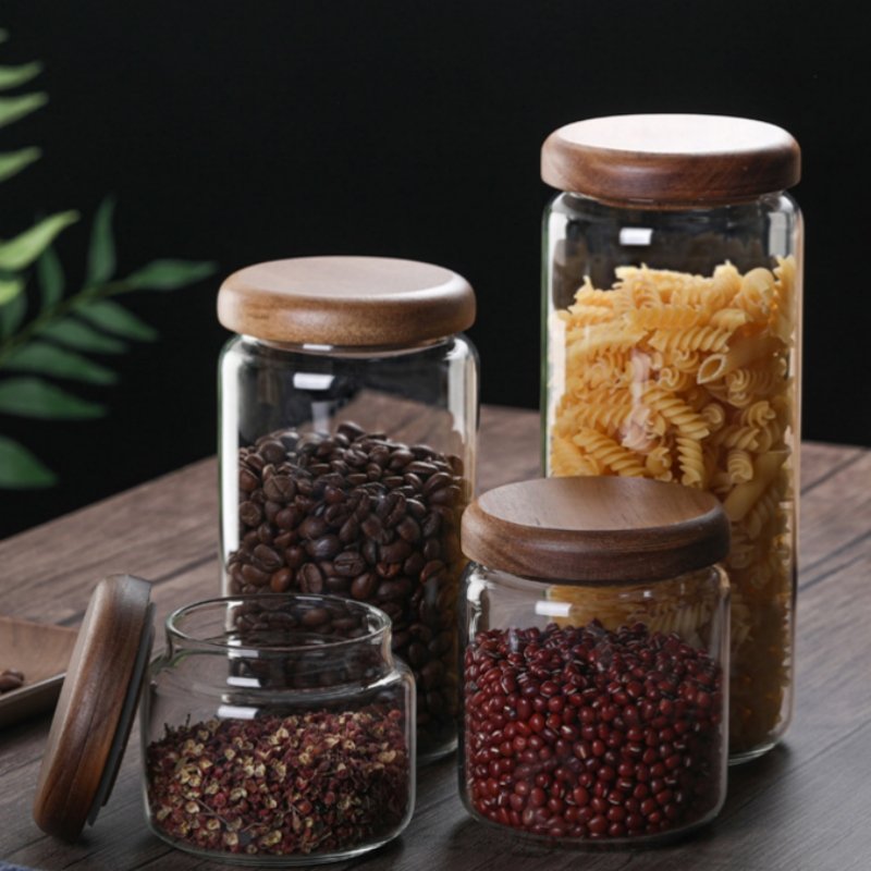 Hot selling Round 300ml 420ml 720ml 960ml Borosilicate Glass Kitchen jars/Canisters with Acacia Wood Airtight Lid