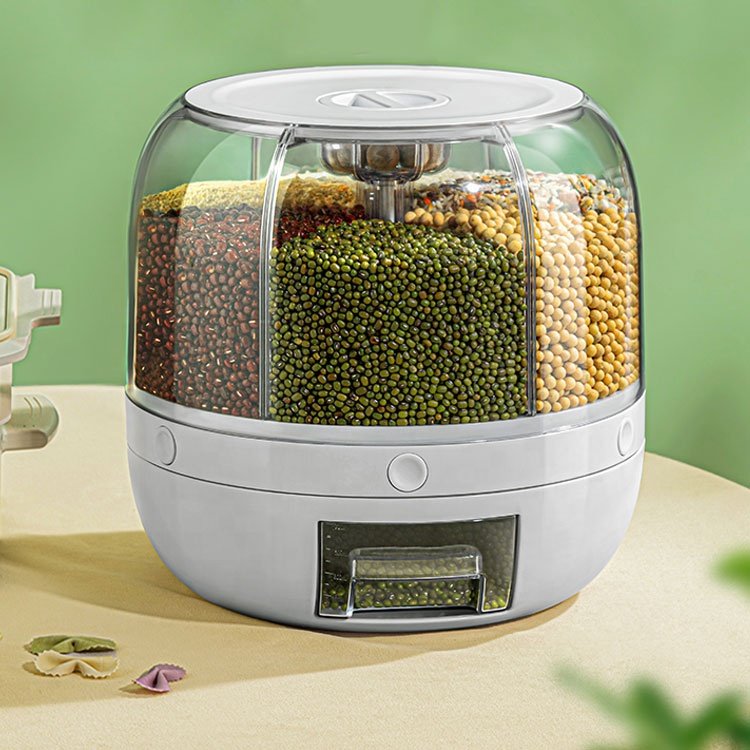 XJH Rice Dispenser Rotating Food Grain Dispenser Cereal Storage Box Rice Container Dispens Kitchen Moisture Proof 6 Grid PC