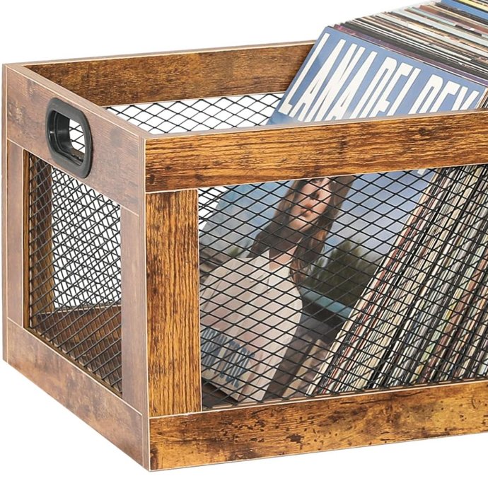 Rustic Brown Wooden Cube Record Organizer Box Vinyl Record Storage Box For Albums