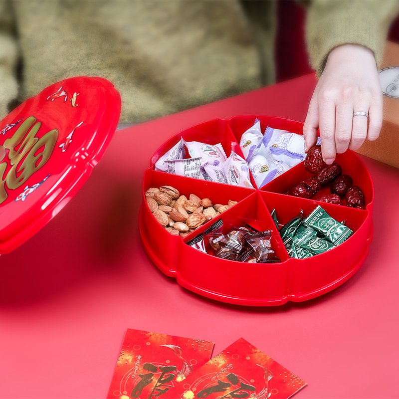 Snack Storage Tray 12" Rotating Chinese New Year Party Supplies Red Sweet Dish Snack Box Candy Dish Desktop Decore