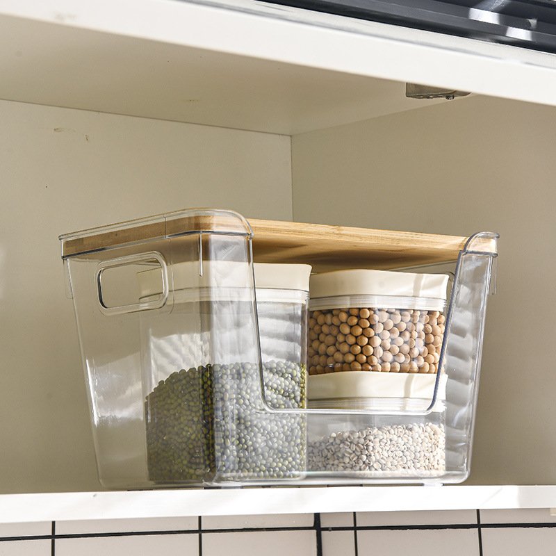 Household Clear Storage Bins Large Plastic Storage Boxes With Handles And Bamboo Lids