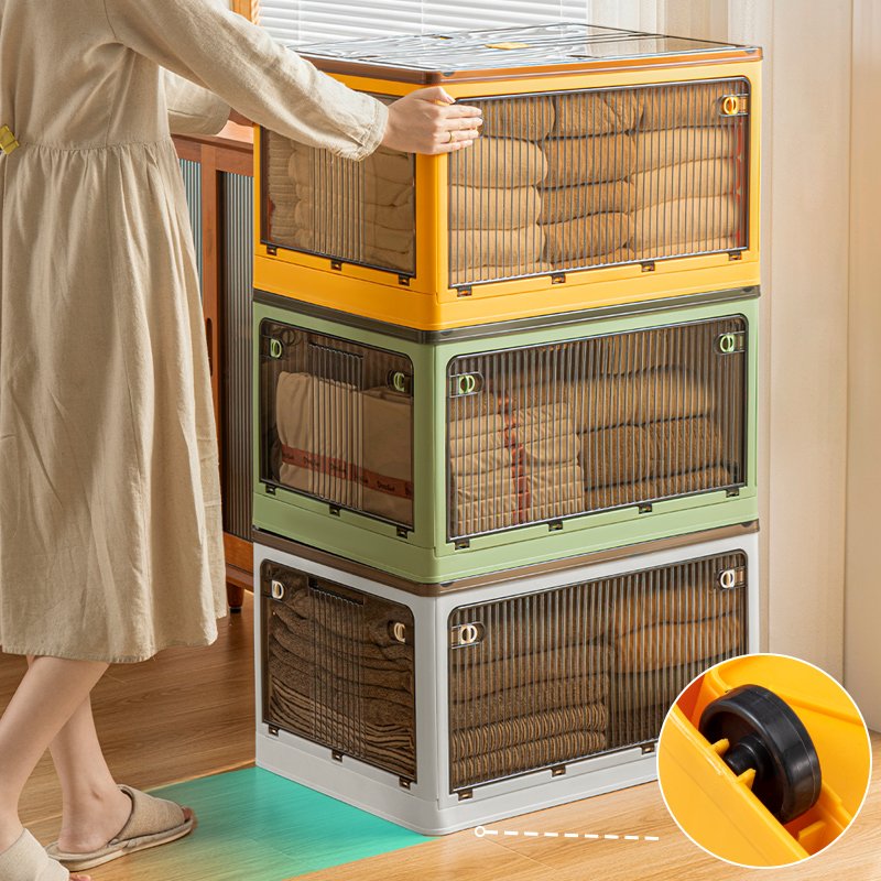 Wholesale Foldable Double door Open PP Plastic Storage Box Collapsible Storage Bins With Wheels