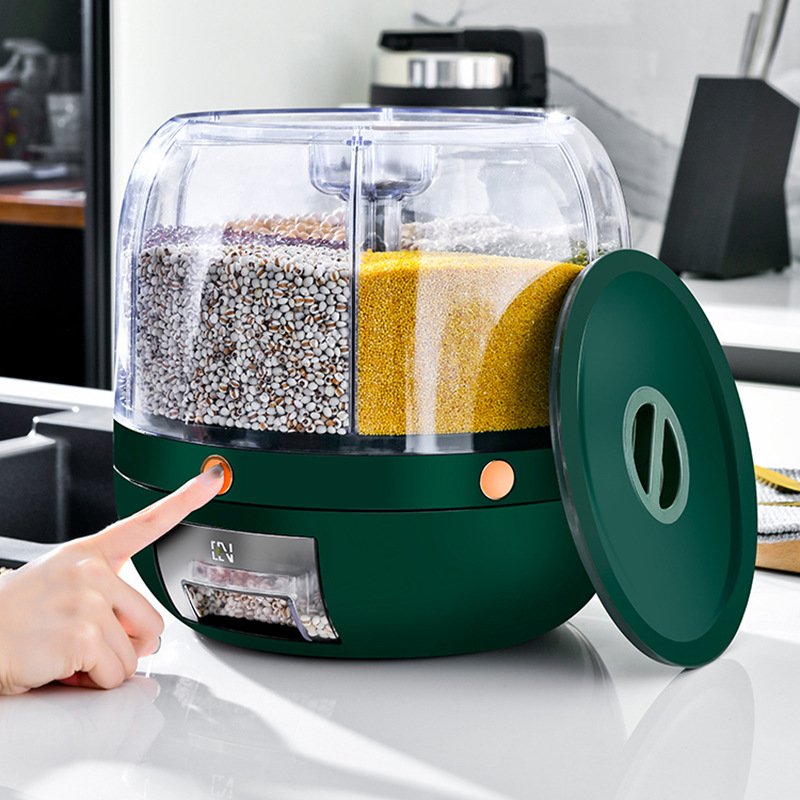 Kitchen Moisture-Proof 6 Grid Rice Container Dispenser Rotating Cereal Storage Box Food Grain Dispenser