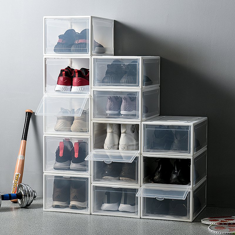 Custom Drop Front Plastic Shoe Organizer Boxes Clear Magnetic Shoe Container Stackable White & Black Shoe Storage Box