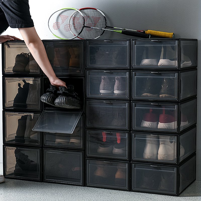 Custom Drop Front Plastic Shoe Organizer Boxes Clear Magnetic Shoe Container Stackable White & Black Shoe Storage Box