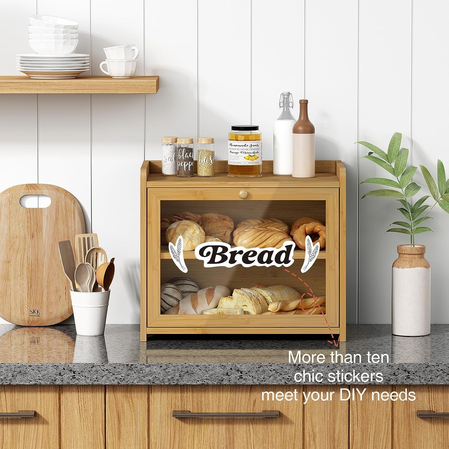 2 layer bamboo bread box for kitchen countertops, coffee, spices, snacks storage, vintage style bread box