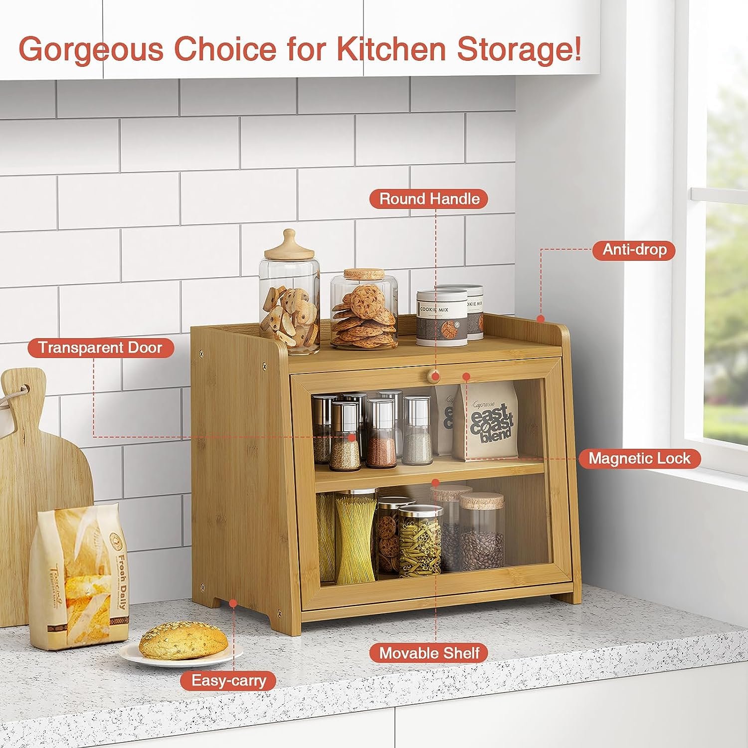 2 layer bamboo bread box for kitchen countertops, coffee, spices, snacks storage, vintage style bread box