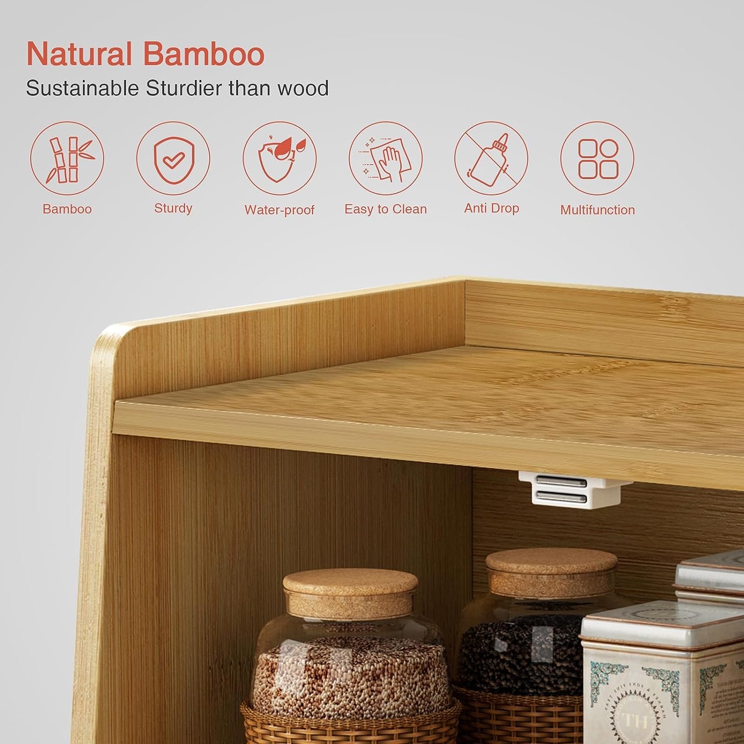 2 layer bamboo bread box for kitchen countertops, coffee, spices, snacks storage, vintage style bread box