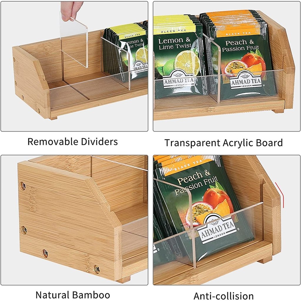A Custom Bamboo Tea Bag Holder Wood Countertop Tea Organizer Basket Storage Box Tea Bags Containers for Drawers Kitchen