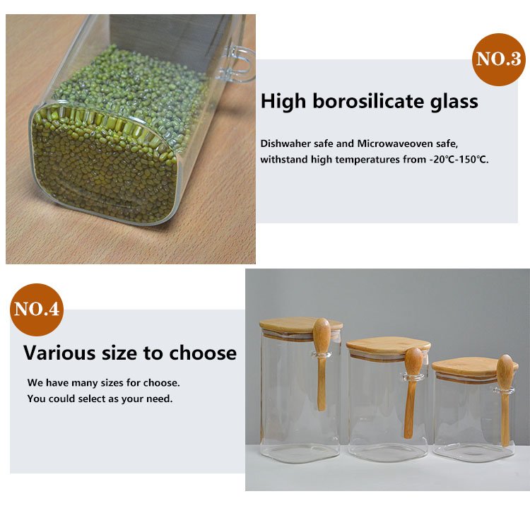 Stackable Kitchen Square Borosilicate Glass Food Storage Jar Glass Canister With Bamboo Lids