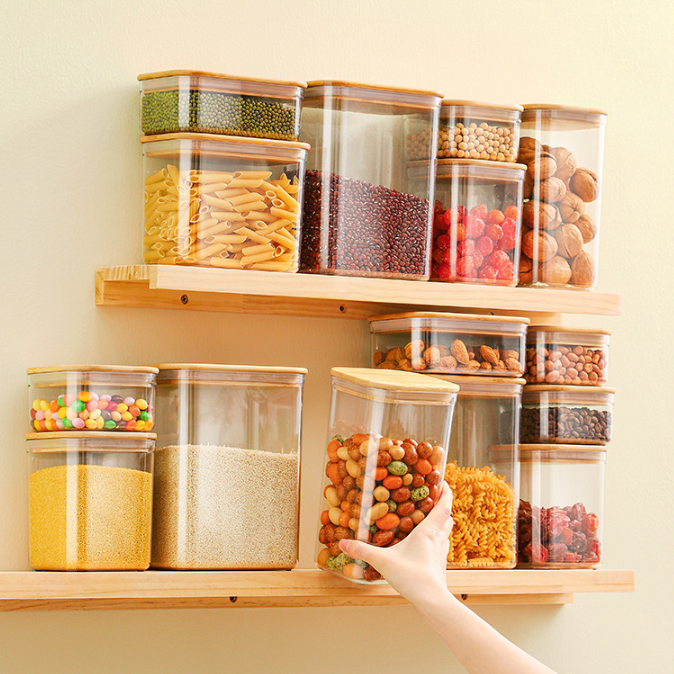 Stackable Kitchen Square Borosilicate Glass Food Storage Jar Glass Canister With Bamboo Lids