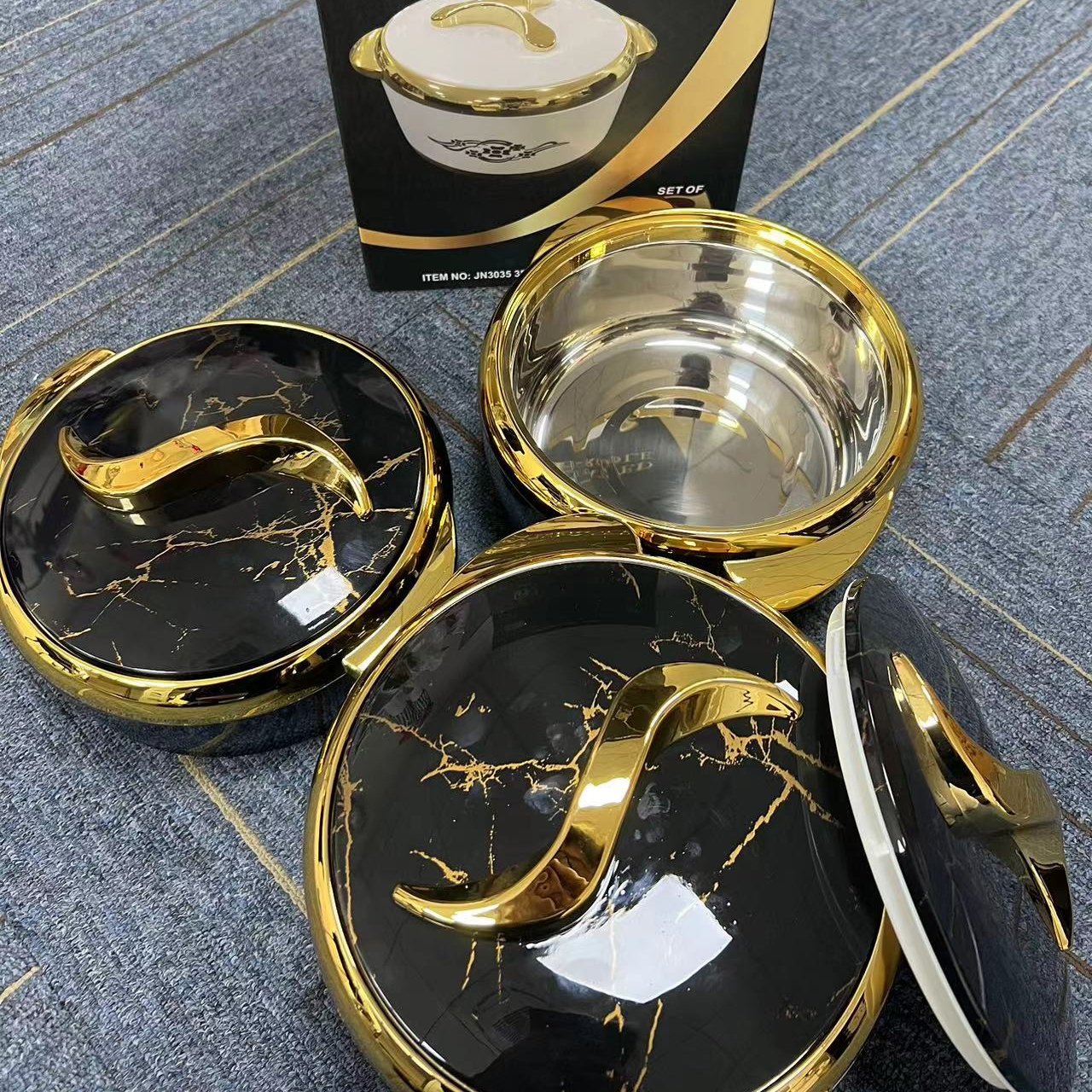 Hotel round luxury food warmer set insulated for home and kitchen 1.5L+2L+2.5L Africa insulated casserole food warmer