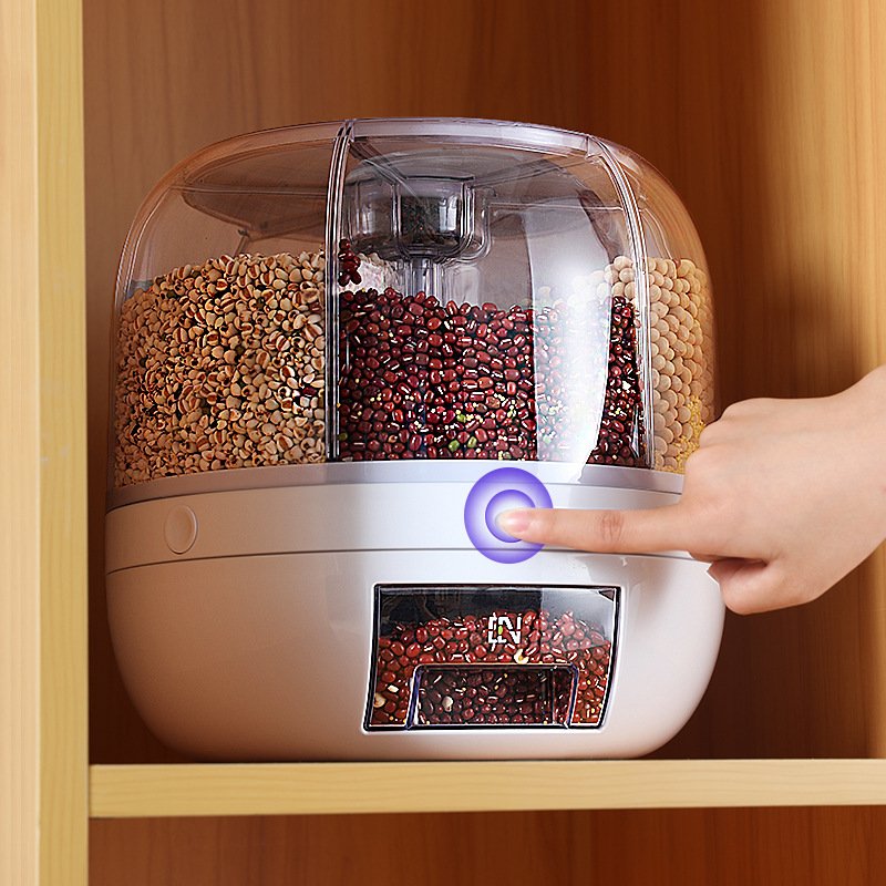 Hot Sale 6-Grid Rotating Food Dispenser Moisture-Proof Kitchen Storage Box for Rice Cereal Grain Plastic Storage Bins Containers