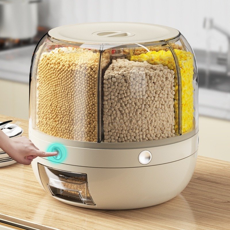 Hot Sale 6-Grid Rotating Food Dispenser Moisture-Proof Kitchen Storage Box for Rice Cereal Grain Plastic Storage Bins Containers