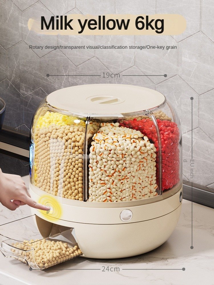 Hot Sale 6-Grid Rotating Food Dispenser Moisture-Proof Kitchen Storage Box for Rice Cereal Grain Plastic Storage Bins Containers