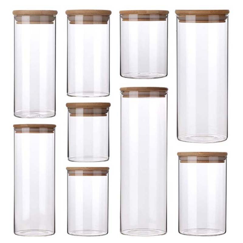 Wholesale Kitchen Borosilicate Glass Jar Airtight Food Storage Container with Bamboo Wood Lid in stock