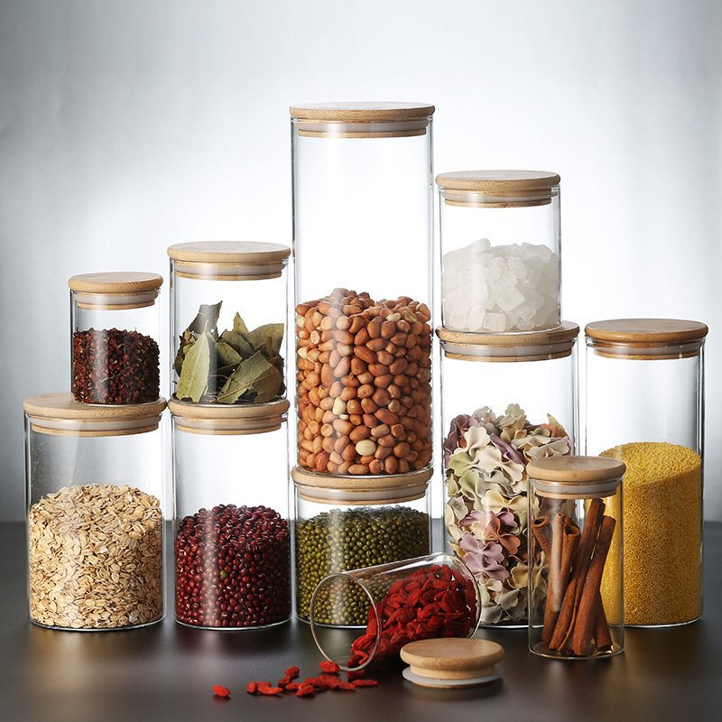 Wholesale Kitchen Borosilicate Glass Jar Airtight Food Storage Container with Bamboo Wood Lid in stock