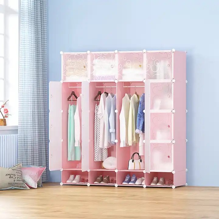 Pink Plastic Wardrobe Storage Box Cube Wardrobe Kids Assemble Plastic Portable Wardrobe Closet Organizer