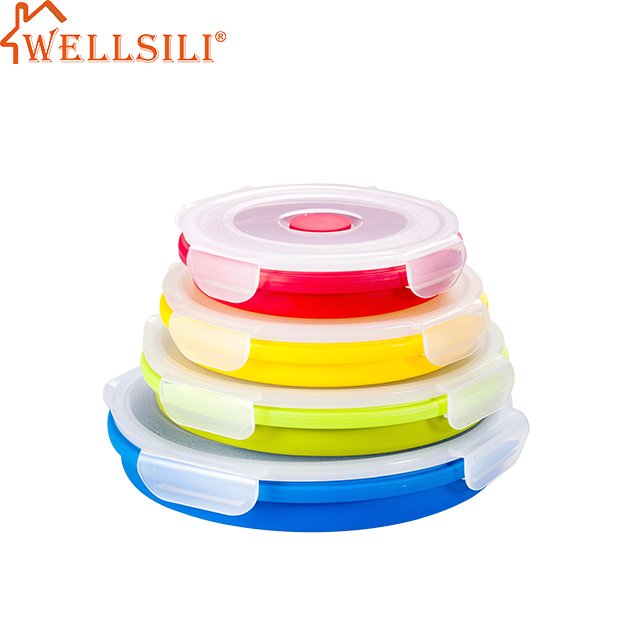 1200ML100% Food Grade Silicone Food storage Box Microwavable Foldable Round Bowl Collapsible Silicone Bento Lunch box for kids
